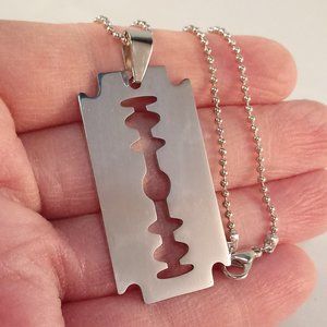 Mens Silver Stainless Steel Razor Blade Pendant Chain Necklace 20.5" Party Gift